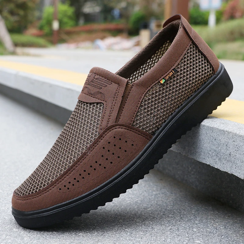 Men's Breathable Slip-On Casual Shoes - Lightweight Low-Top Walking Sneakers for Outdoor, Fishing, Park and Exercise, Brown Mesh Fabric, Rubber Sole, Plaid for All Seasons, Outdoor Shoes | Low-Top Shoes | Fabric Upper - Image 5
