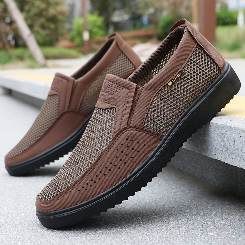 Men's Breathable Slip-On Casual Shoes - Lightweight Low-Top Walking Sneakers for Outdoor, Fishing, Park and Exercise, Brown Mesh Fabric, Rubber Sole, Plaid for All Seasons, Outdoor Shoes | Low-Top Shoes | Fabric Upper - Image 3